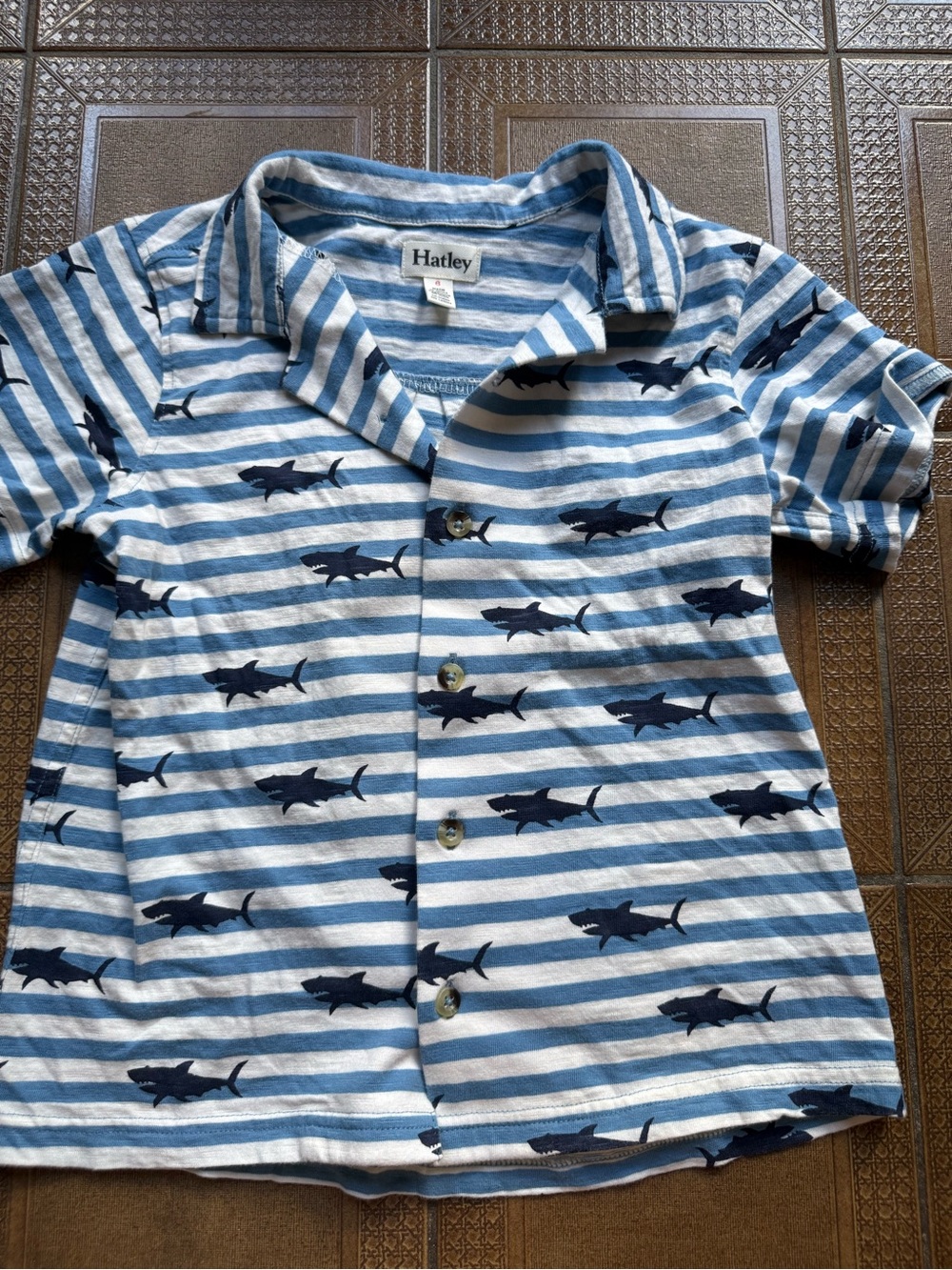 Hatley Blue & White Striped Shark Button-Down Kids Shirt